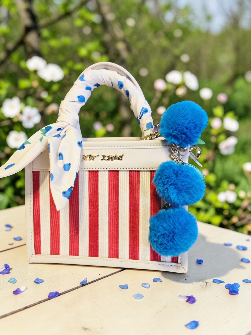 NEW Betsey Johnson Red Stripes Satchel Bag With Blueberries Bag Charm And Scarf